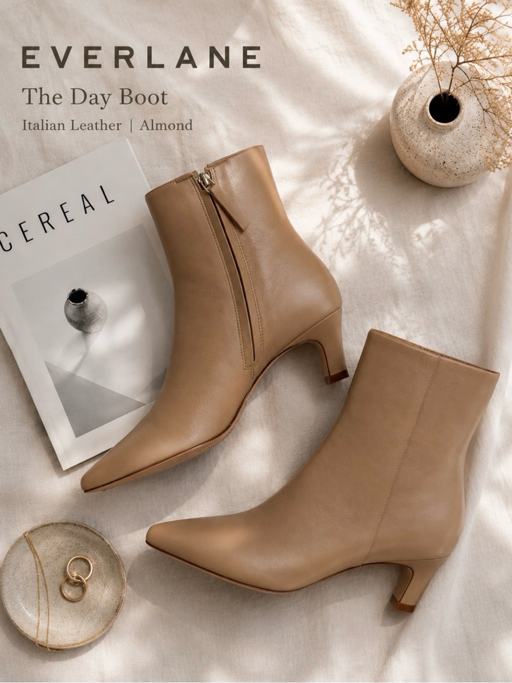 Everlane Almond cream neutral Italian Leather Pointed-Toe heel Ankle Boots 9
